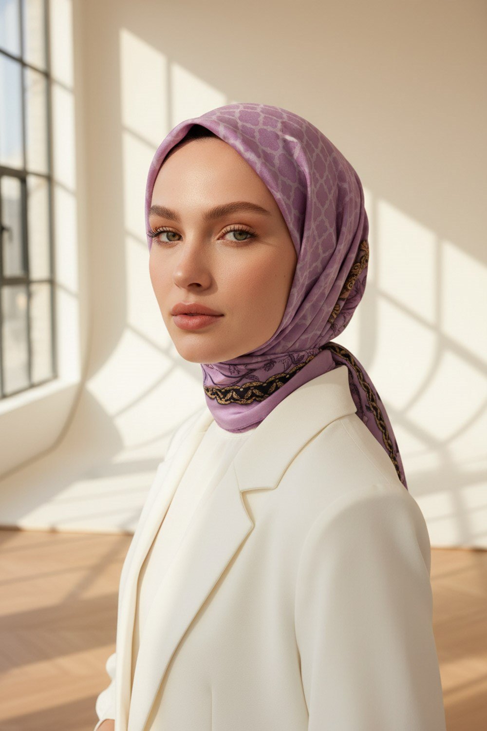 %100 Saf İpek Şal İnce Saten Vual Dokuma Yaprak Desenli Lila - Gold Renkli 90x210 Şal