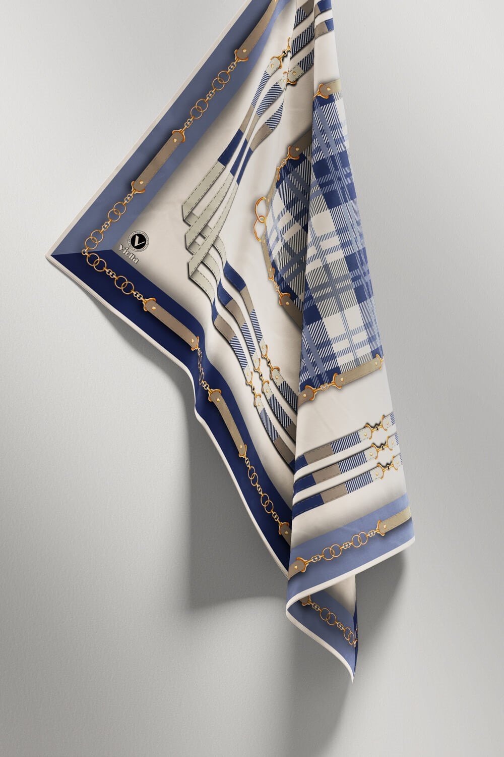 Twill Ekoseli Ve Zincir Desenli İndigo Renkli 90x90 Eşarp (İpek İçermez) Dikim Şekli : El Dikişi