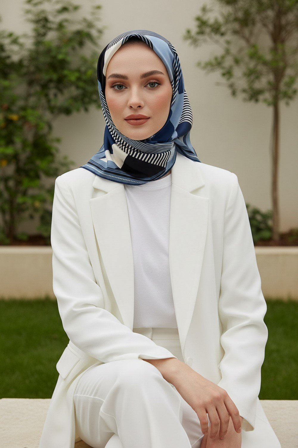 %100 Twill İpek Geometrik Desenli İndigo Renkli 90x90 Eşarp Dikim Şekli : El Dikişi