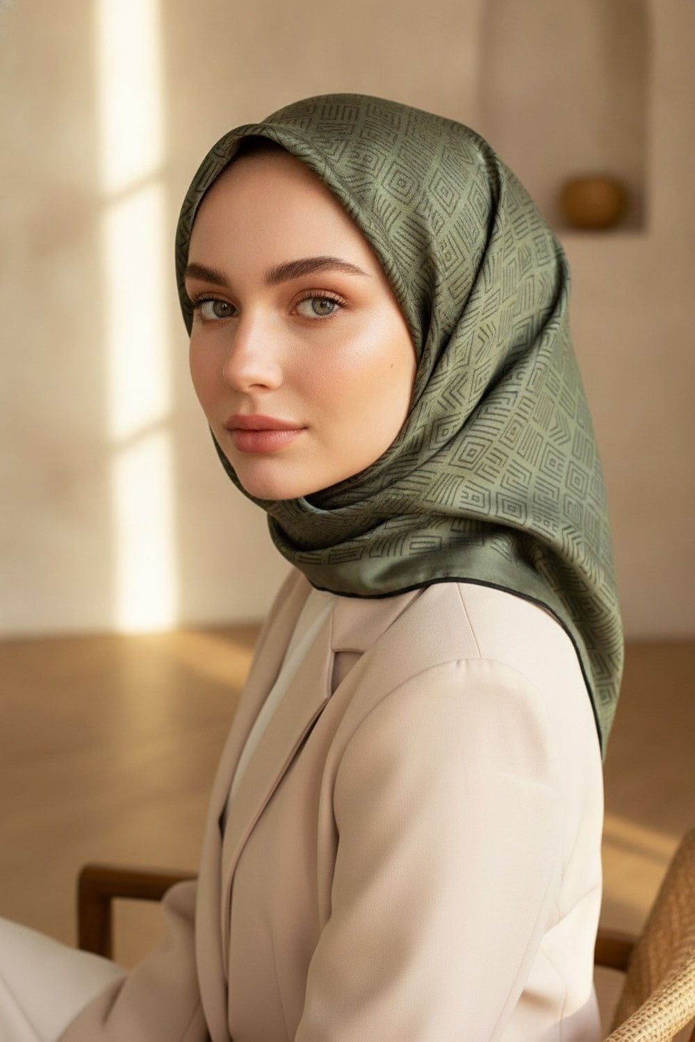 100% Twill İpek Etnik Motif Desenli Haki - Siyah Renkli 90x90 Dikim Şekli : El Dikişi Eşarp