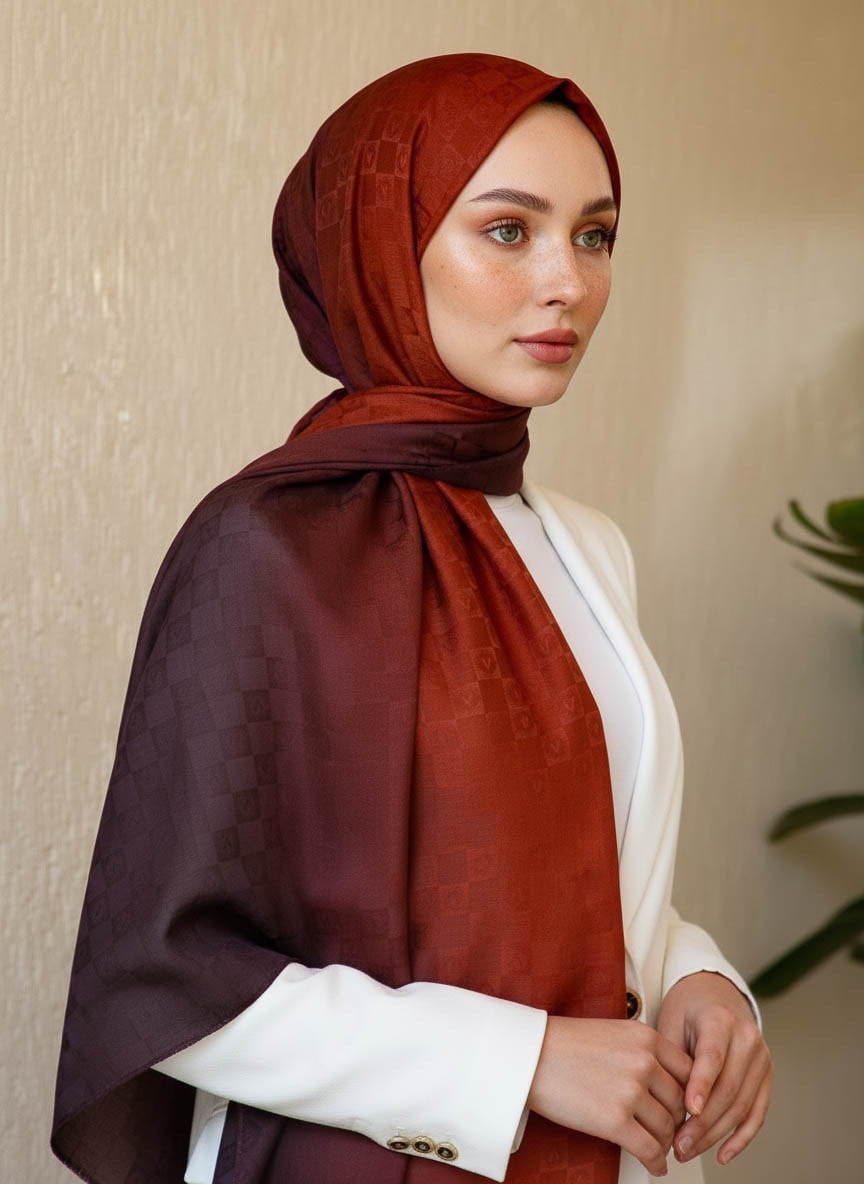 Vissona %57 İPEK %43 PAMUK Degrade Desenli Taba Renkli Şal -  70x190 Dikiş Tipi İtalyan Dikişli