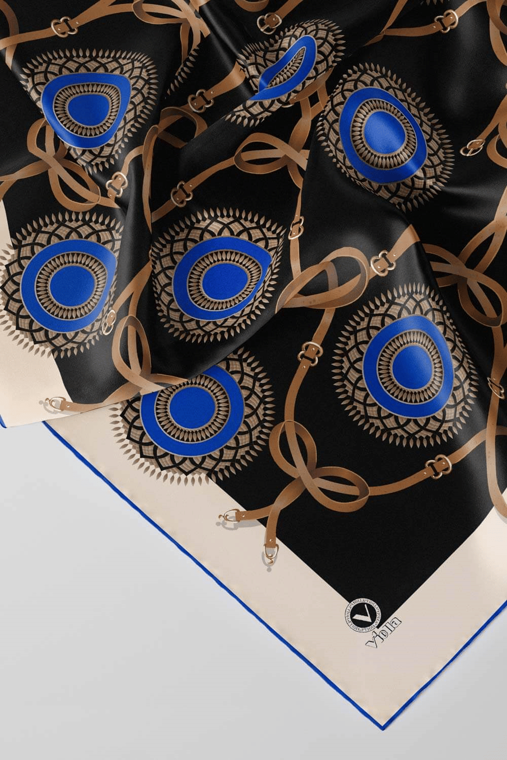Twill Kemerli Ve Geometrik Desenli Saks Renkli 90x90 Eşarp (İpek İçermez) Kenar Dikiş Şekli El Dikişli
