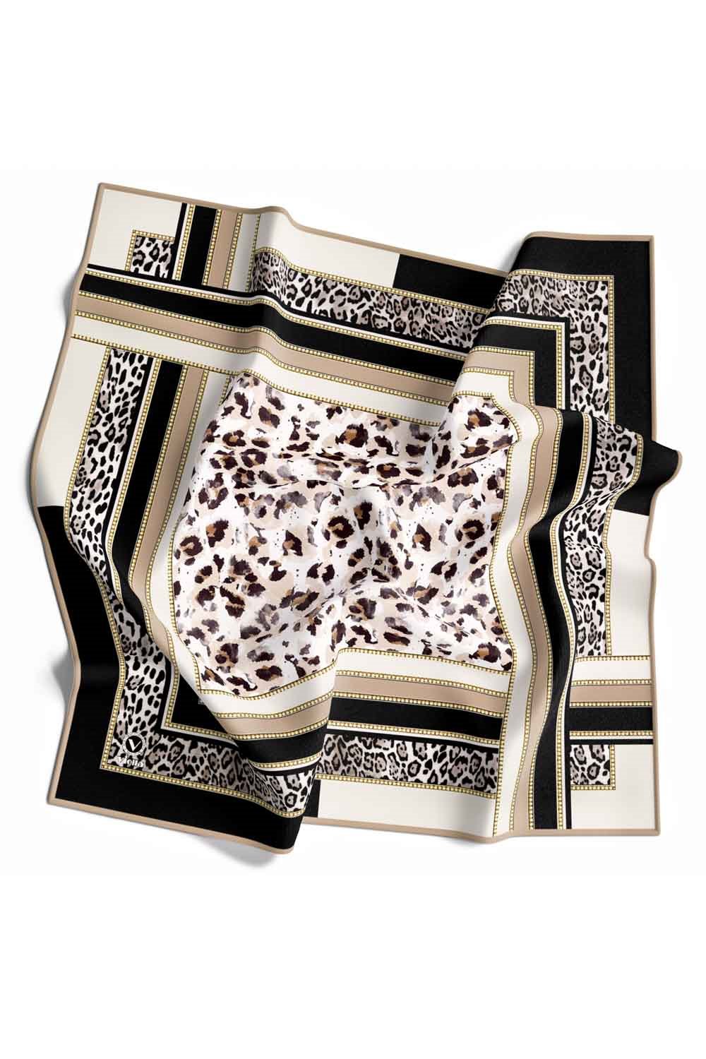 Twill Kemerli ve Leopar Desenli Siyah Renkli 90x90 Eşarp (İpek İçermez) Dikim Şekli : El Dikişi