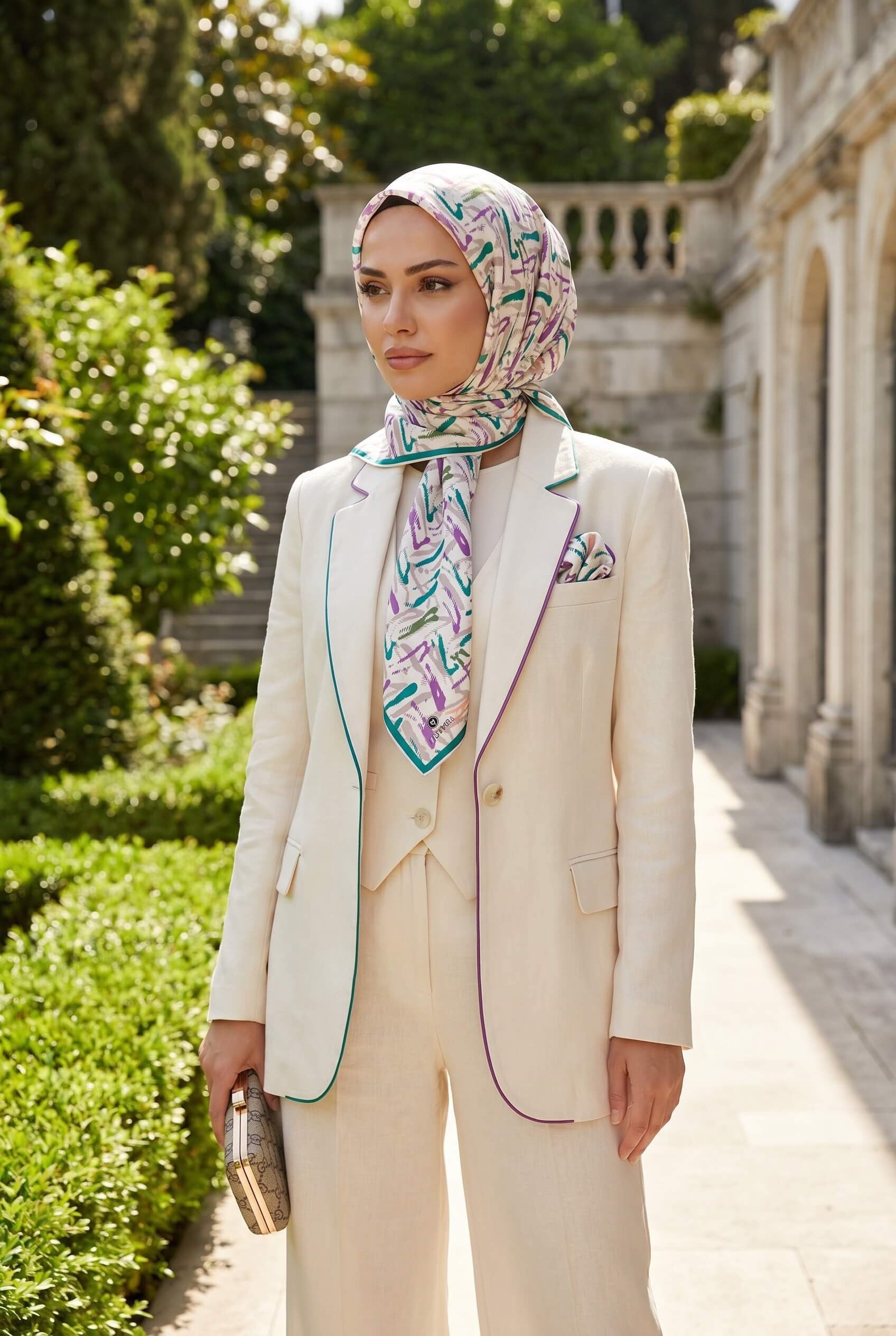 %100 Twill İpek Geometrik Desenli Petrol Yeşili - Mürdüm Renkli 90x90 Eşarp Dikim Şekli : El Dikişi