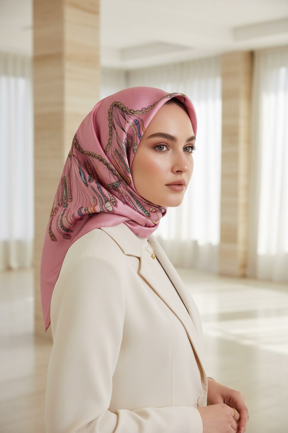 %100 Twill İpek Zincir Desenli Pudra Renkli 90x90 Eşarp Dikim Şekli : El Dikişi