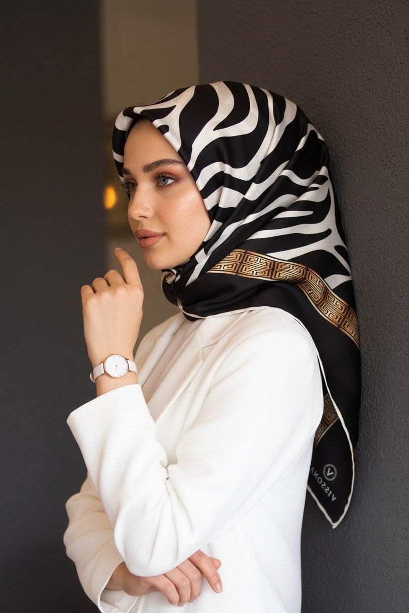 %100 Twill İpek Zebra Desenli Siyah - Beyaz Renkli 90x90 Eşarp Dikim Şekli : El Dikişi