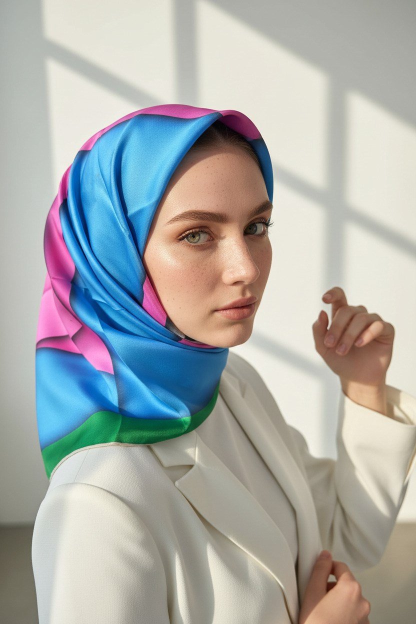 %100 Twill Renk Bloklu Çizgili Desenli Bebe Mavisi - Pembe Renkli 90x90 Eşarp Dikim Şekli: El Dikişii