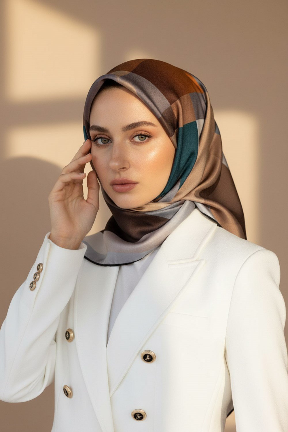 %100 Twill İpek Geometrik Desenli Petrol Mavisi - Gri Renkli 90x90 Eşarp Dikim Şekli : El Dikişi