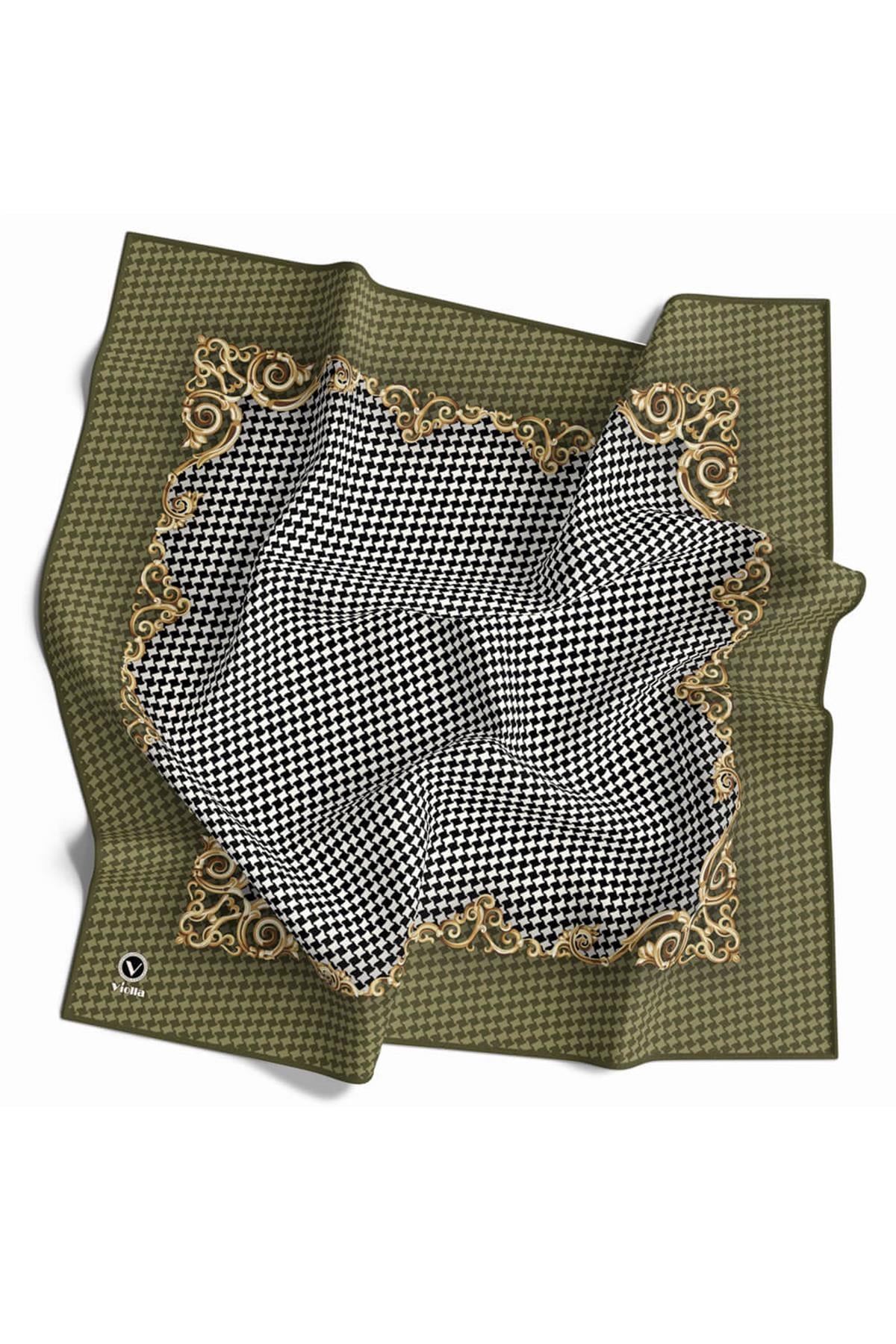 Soft Bordürlü Barok Çerçeveli Kazayağı Desenli Haki Renkli 90x90 Eşarp (İpek İçermez) Kenar Dikiş Şekli El Dikişli