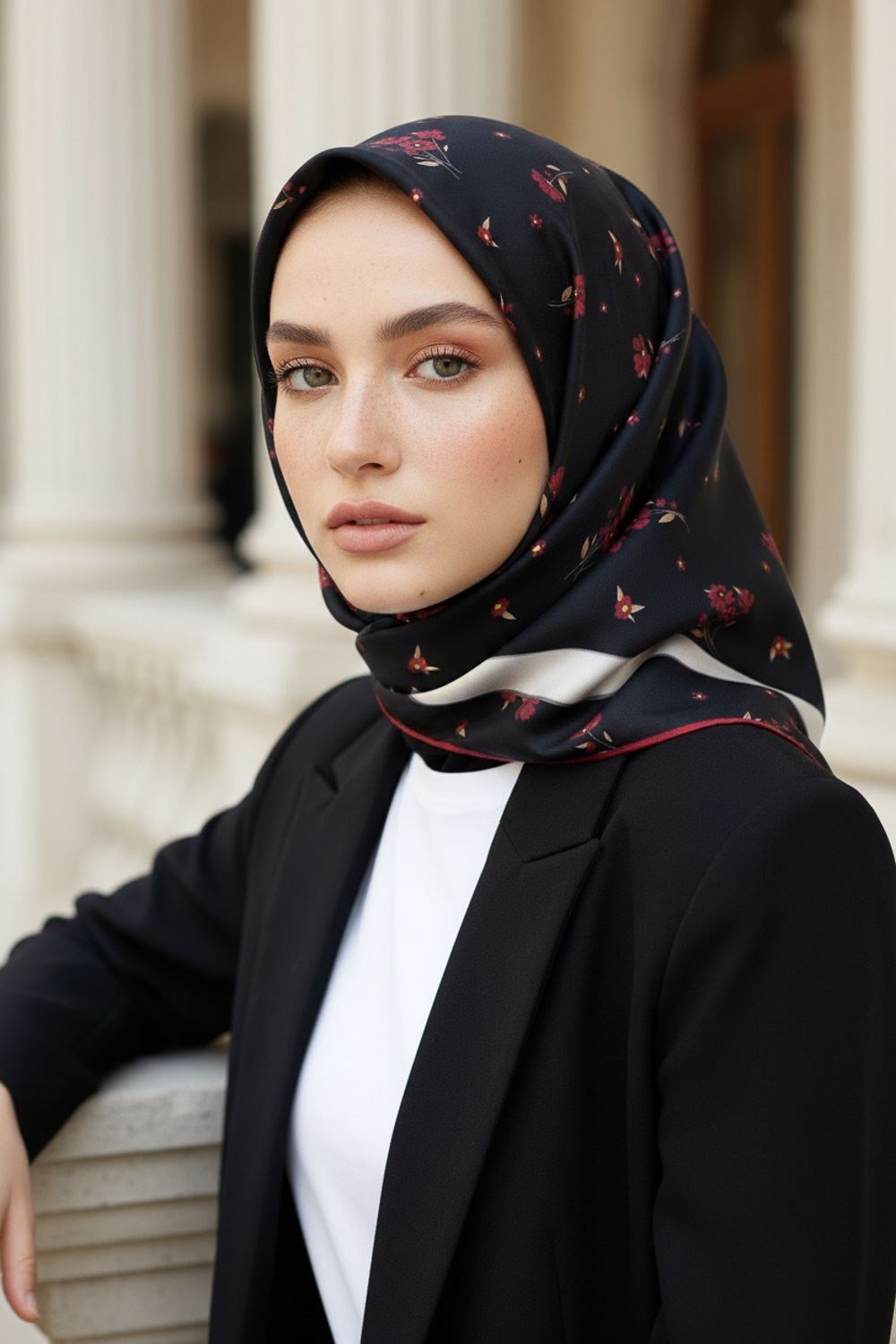 % 57 İPEK % 43 VİSKON Twill İpek Çıtır Çiçek Desenli Siyah - Bordo Renkli 90x90 Eşarp Dikim Şekli : El Dikişi