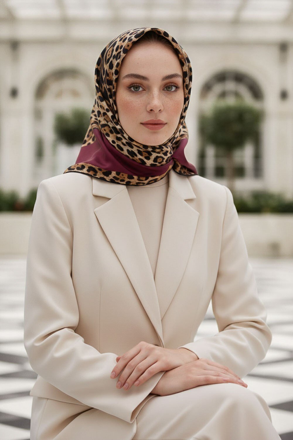%100 Twill İpek Leopar Desenli Bordo Renkli 90x90 Eşarp Dikim Şekli : El Dikişi
