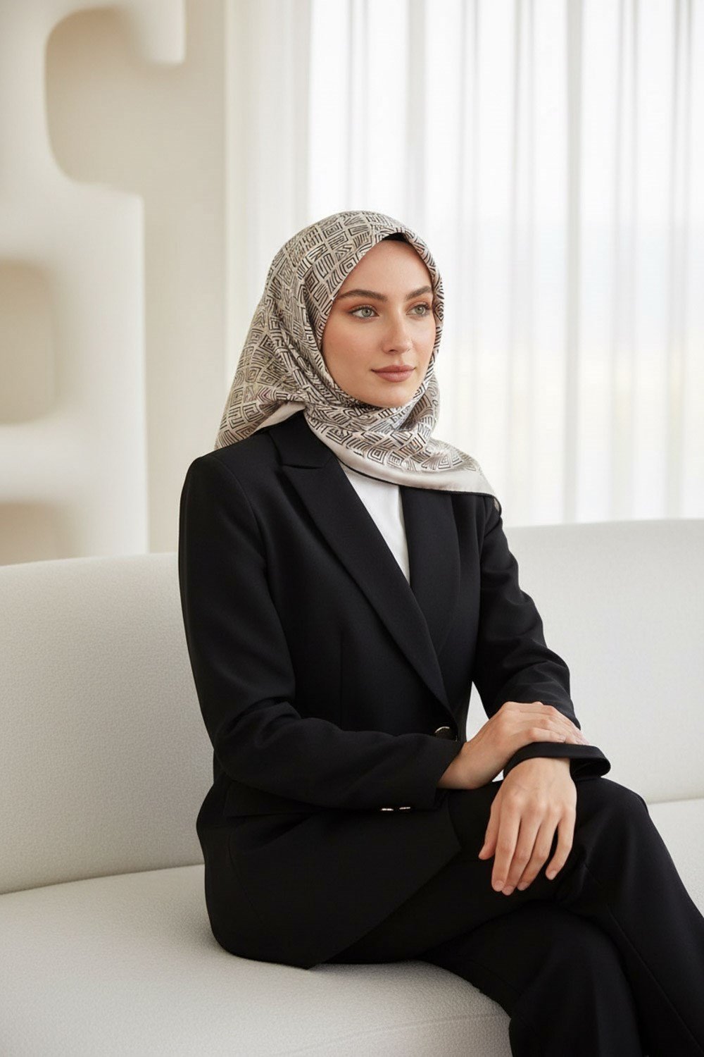 %57 İPEK %43 VİSKON Twill İpek Etnik Motif Desenli Krem - Siyah Renkli 90x90 Eşarp Dikim Şekli : El Dikişi