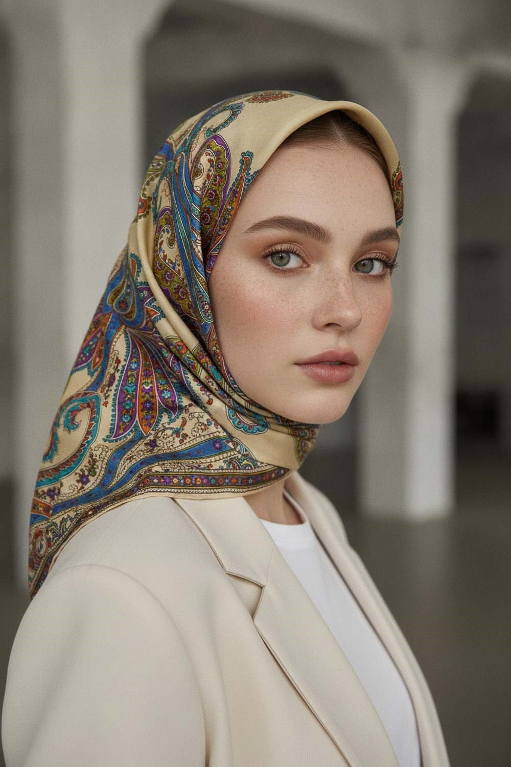 %100 Twill İpek Şal Desenli Bej - Mürdüm Renkli 90x90 Eşarp Dikim Şekli : El Dikişi