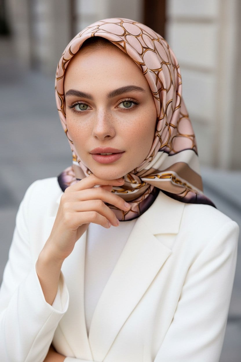 %100 Twill İpek Zincir Desenli Pudra - Bej Renkli 90x90 Eşarp Kenar Dikiş Şekli El Dikişli