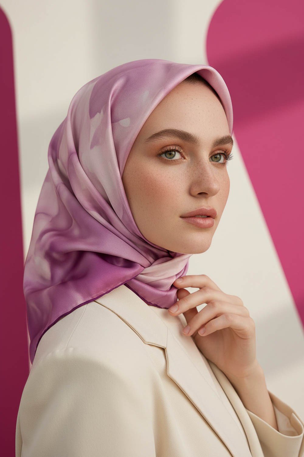 Rayon Büyük Çiçek Desenli Mürdüm Renkli 90x90 Eşarp (İpek İçermez) Kenar Dikiş Şekli El Dikişli