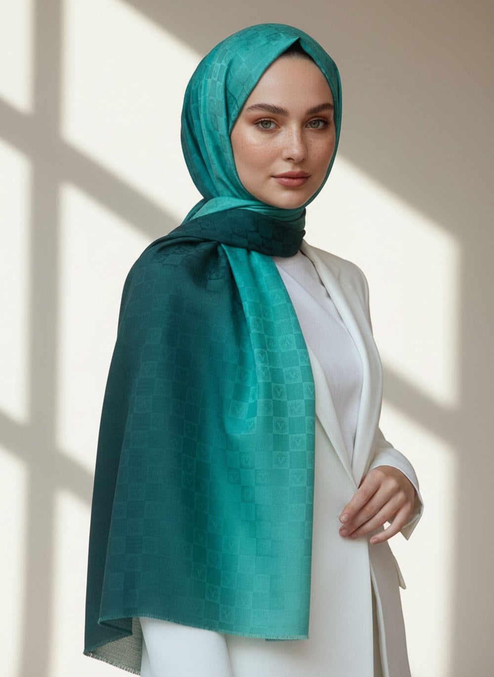 Vissona %57 İPEK %43 PAMUK Degrade Desenli Mint Yeşili Renkli Şal -  70x190 Dikiş Tipi İtalyan Dikişli