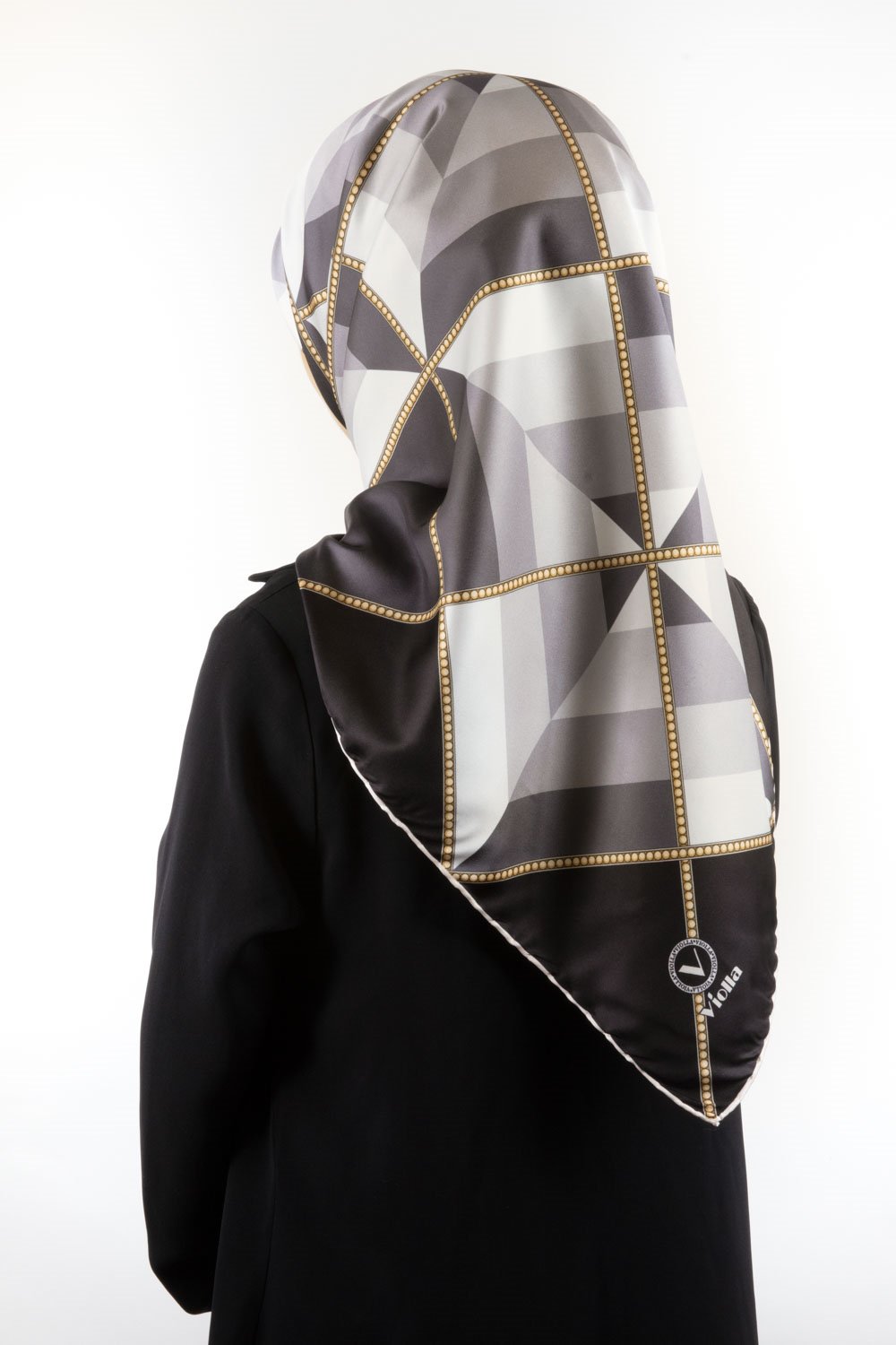 Twill Geometrik Desenli Siyah - Gri Renkli 90x90 Eşarp (İpek İçermez) Kenar Dikiş Şekli El Dikişli