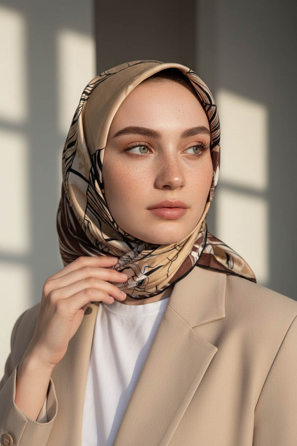 %100 Twill İpek Yaprak Desenli Kahverengi - Bej Renkli 90x90 Eşarp Dikim Şekli : El Dikişi