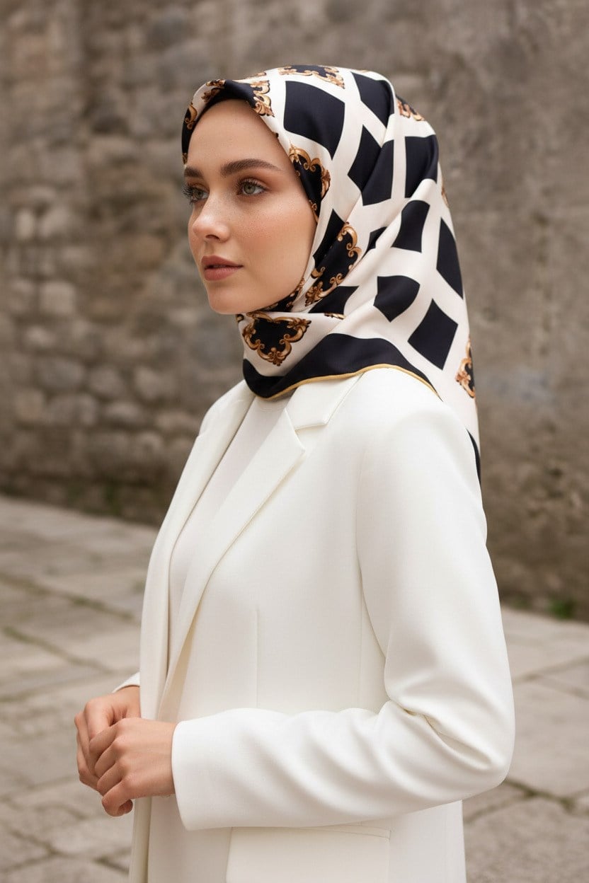 %100 Twill İpek Nostalji  Desen SİYAH / KREM Renkli 90x90 Eşarp Dikim Şekli : El Dikişi