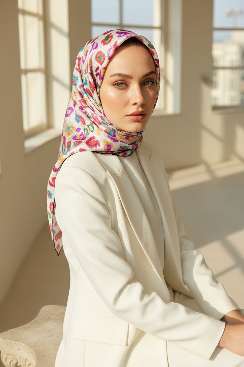 %100 Twill İpek Renkli Leopari Desenli Sarı - Pudra Renkli 90x90 Eşarp Kenar Dikiş Şekli El Dikişli