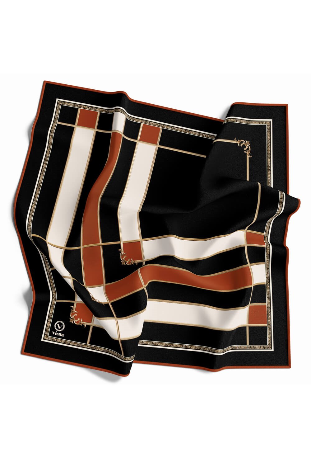 Twill Gold Detaylı Kareli Desenli Taba Renkli 90x90 Eşarp (İpek İçermez) Kenar Dikiş Şekli El Dikişli