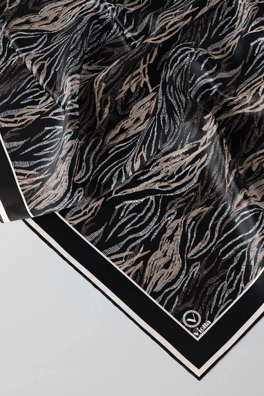 Twill Soyut Çizgi Desenli Siyah Renkli 90x90 Eşarp (İpek İçermez) Kenar Dikiş Şekli El Dikişli
