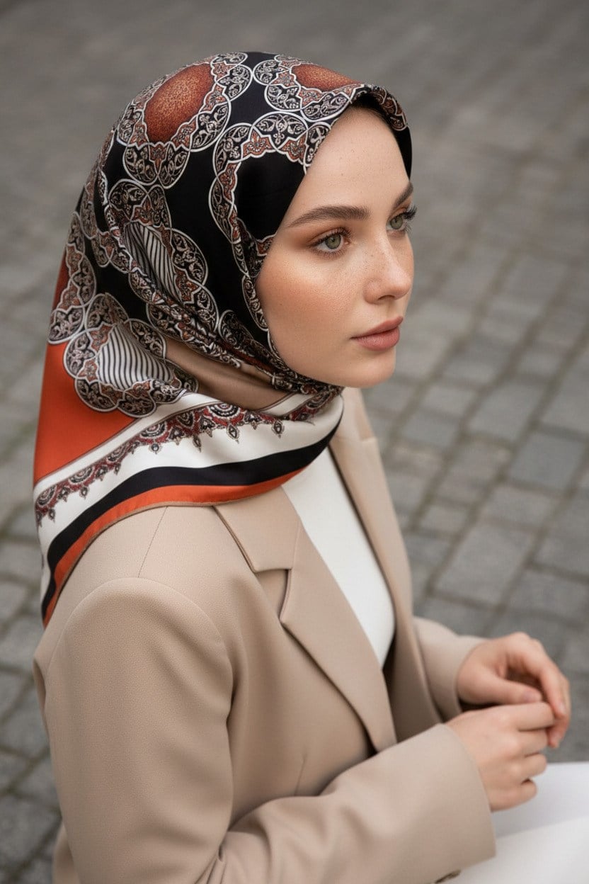 %100 Twill Türk Motifi  Desenli Bej - Taba Renkli 90x90 Eşarp Dikim Şekli: El Dikişi