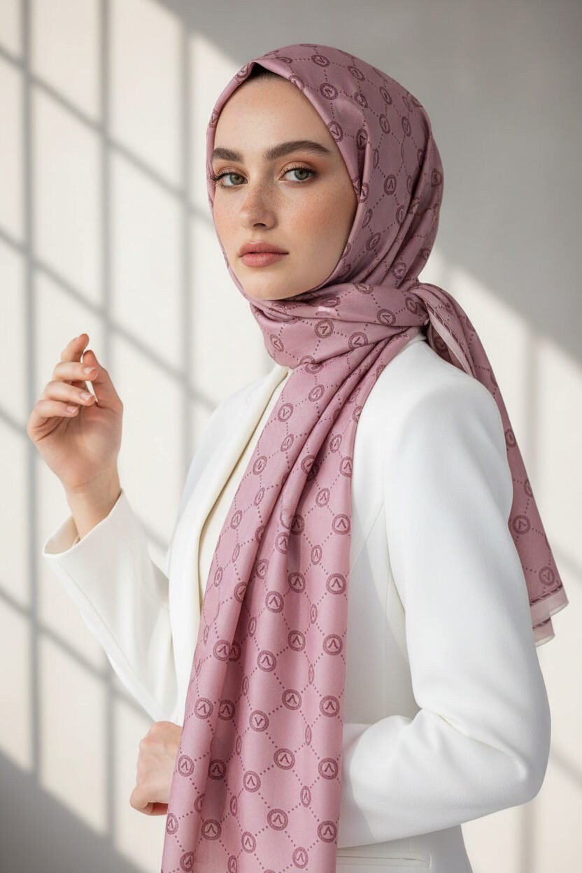 %100 Saf İpek Şal İnce Saten Vual Dokuma V Logo Desenli Gül Kurusu Renkli 90x210 Şal