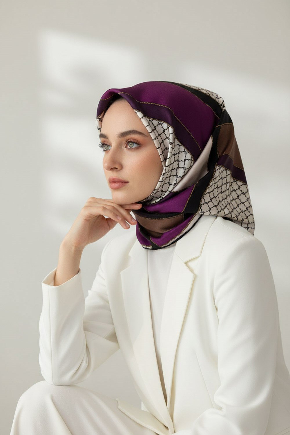 %100 Twill İpek Geometrik Desenli Mürdüm - Siyah Renkli 90x90 Eşarp Dikim Şekli : El Dikişi