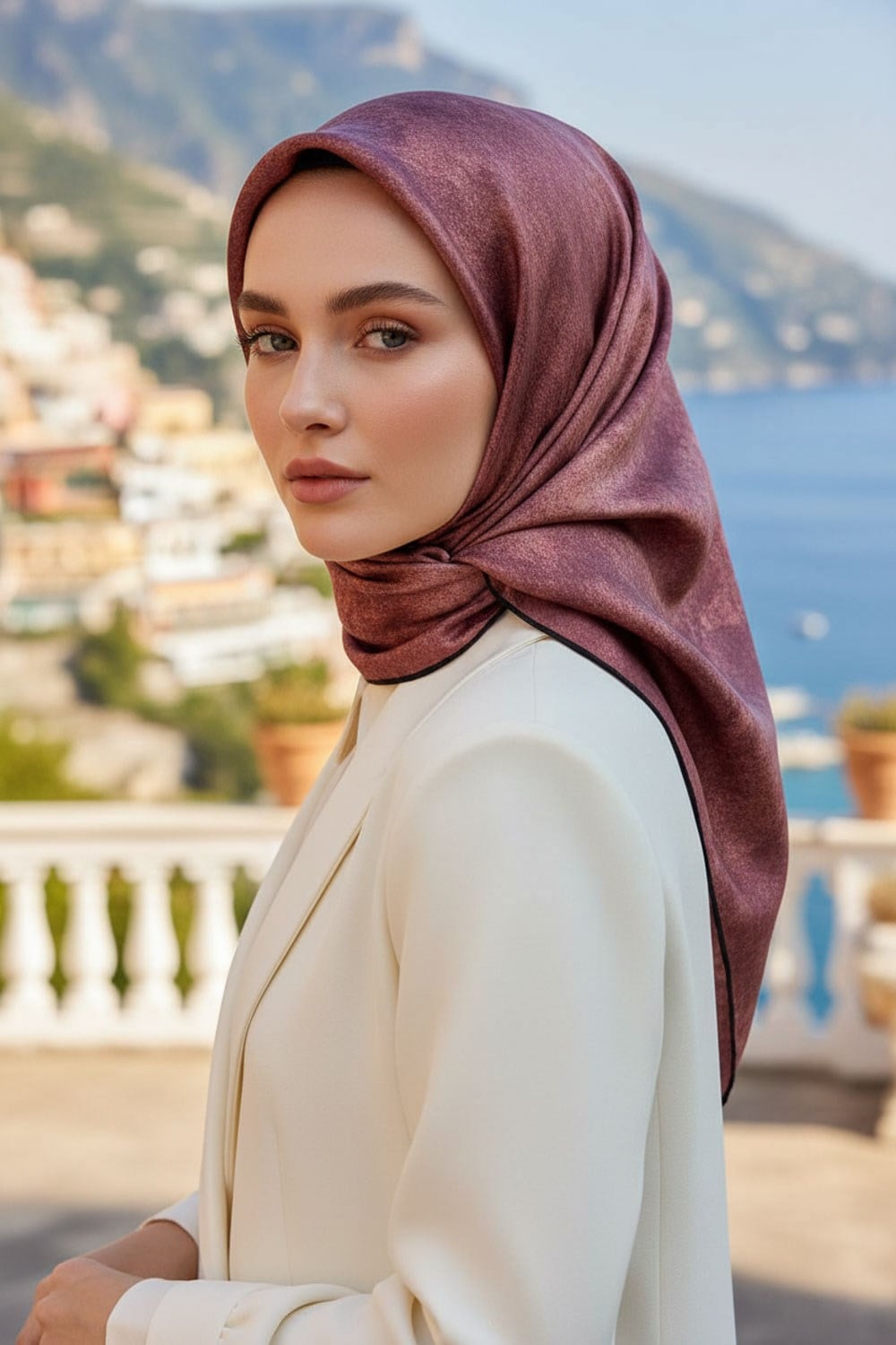 % 57 İPEK % 43 VİSKON Twill İpek Doku Desenli Gül Kurusu Renkli 90x90 Eşarp Dikim Şekli : El Dikişi