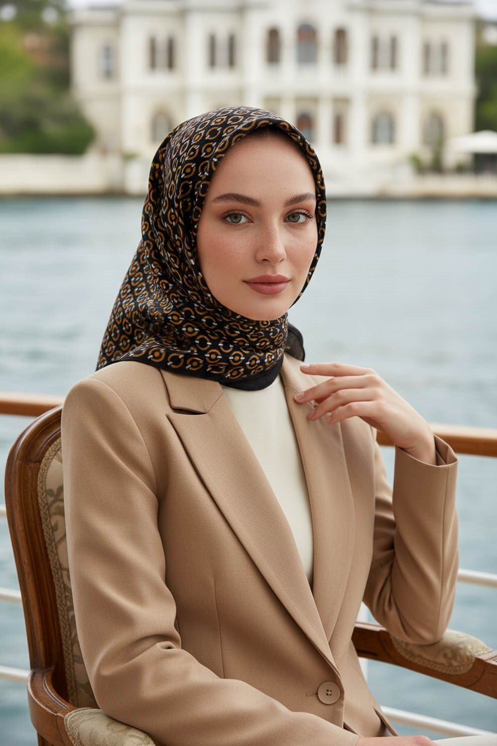 %100 Twill İpek Zincir Desenli Siyah - Gold Renkli 90x90 Eşarp Kenar Dikiş Şekli El Dikişli