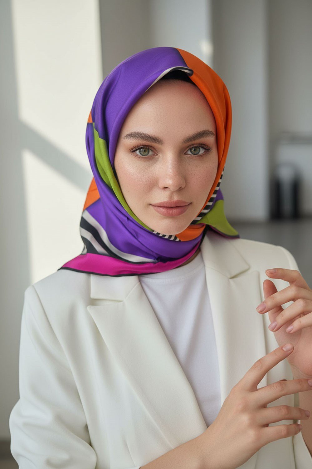%100 Twill İpek Çizgili ve Geometrik Desenli Fuşya - Turuncu Renkli 90x90 Eşarp Dikim Şekli : El Dikişi
