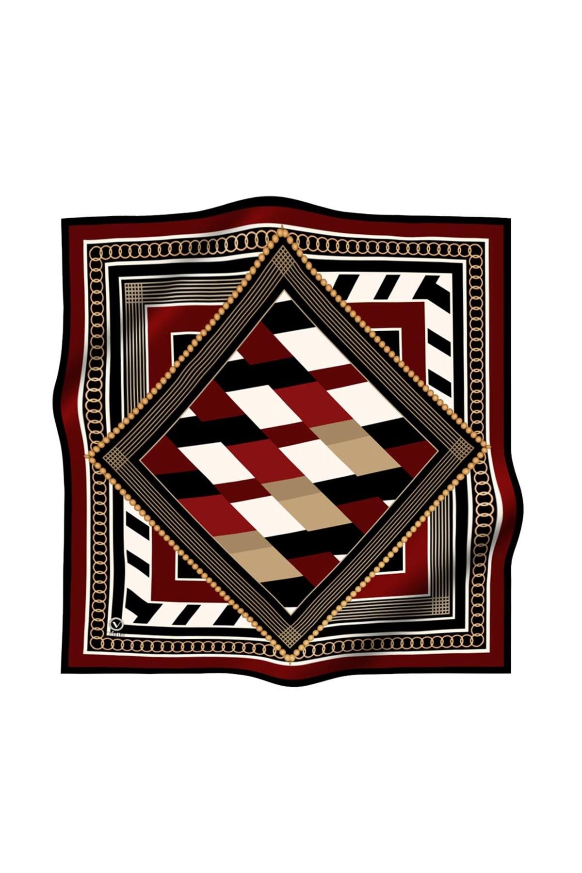 Soft Geometrik Desenli Bordo Renkli 90x90 Eşarp (İpek İçermez) Kenar Dikiş Şekli El Dikişli