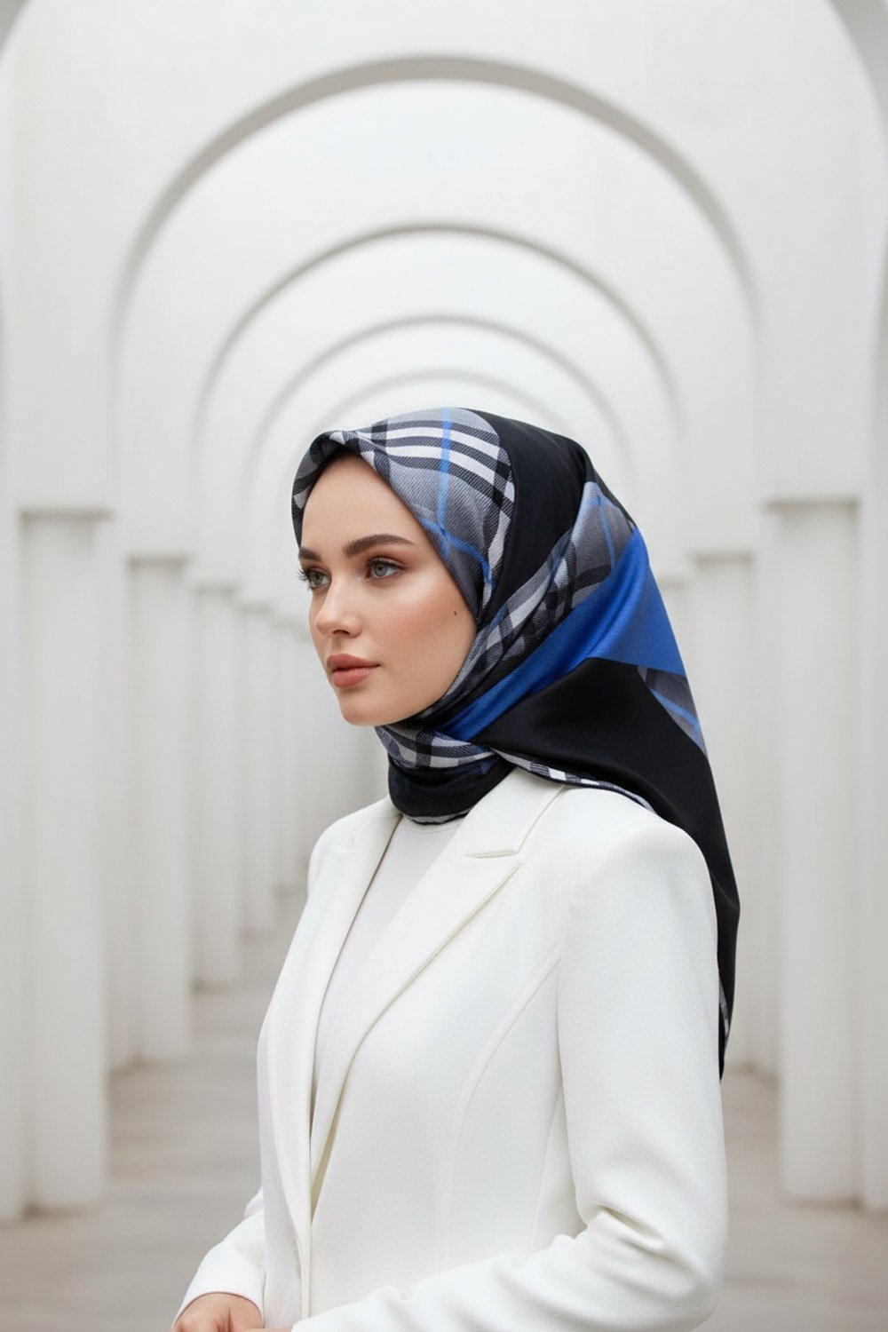 %100 Twill İpek Eşarp 90x90 Saks Siyah Ekose Desenli El Dikişli Kadın Eşarp