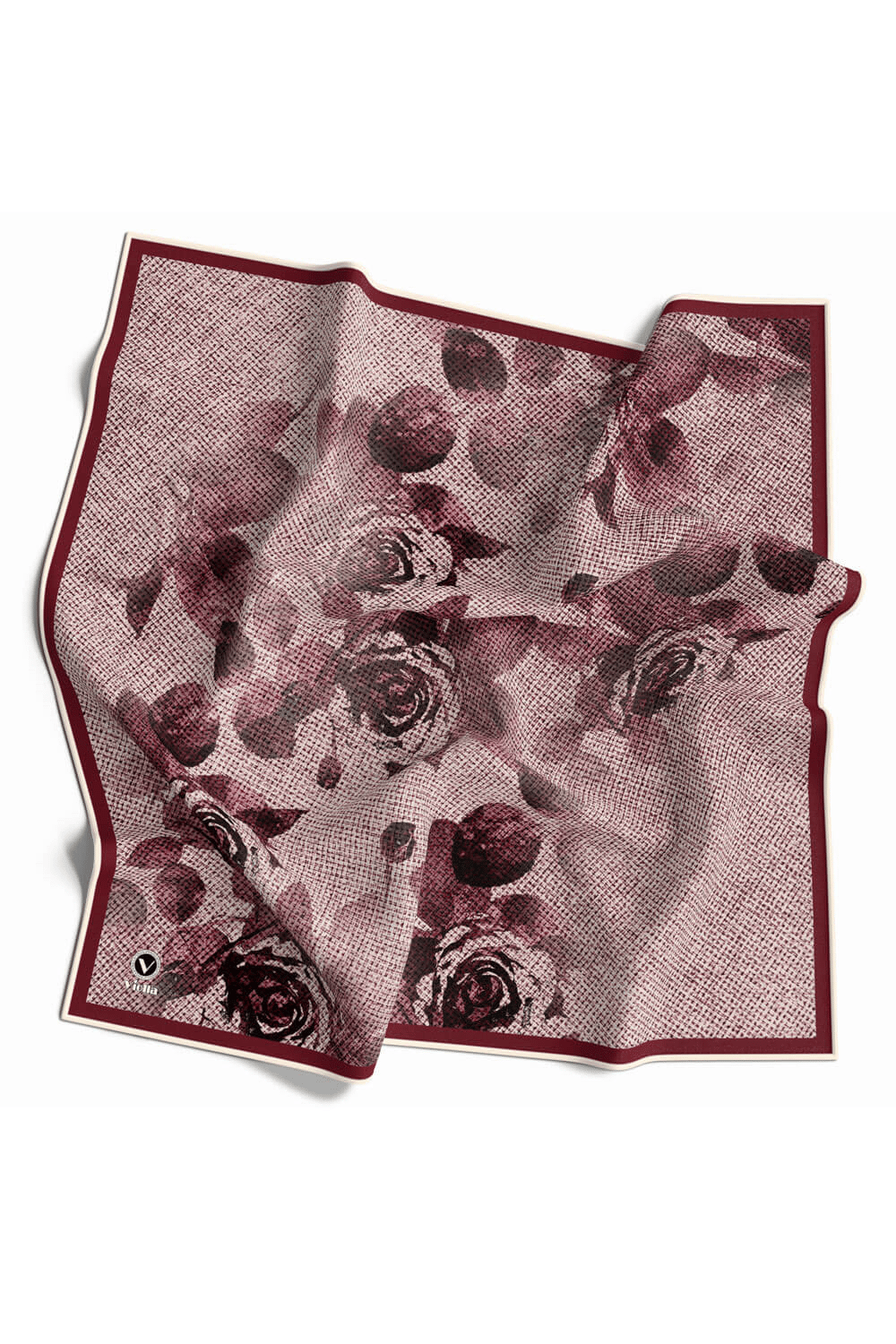 Twill Gül Desenli Pembe Renkli 90x90 Eşarp (İpek İçermez) Kenar Dikiş Şekli El Dikişli