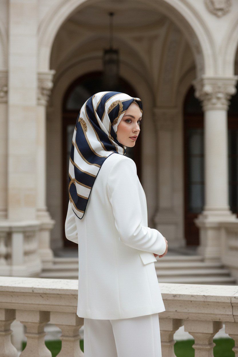 %100 Twill İpek Kemer Desenli Lacivert - Krem Renkli 90x90 Eşarp Dikim Şekli : El Dikişi