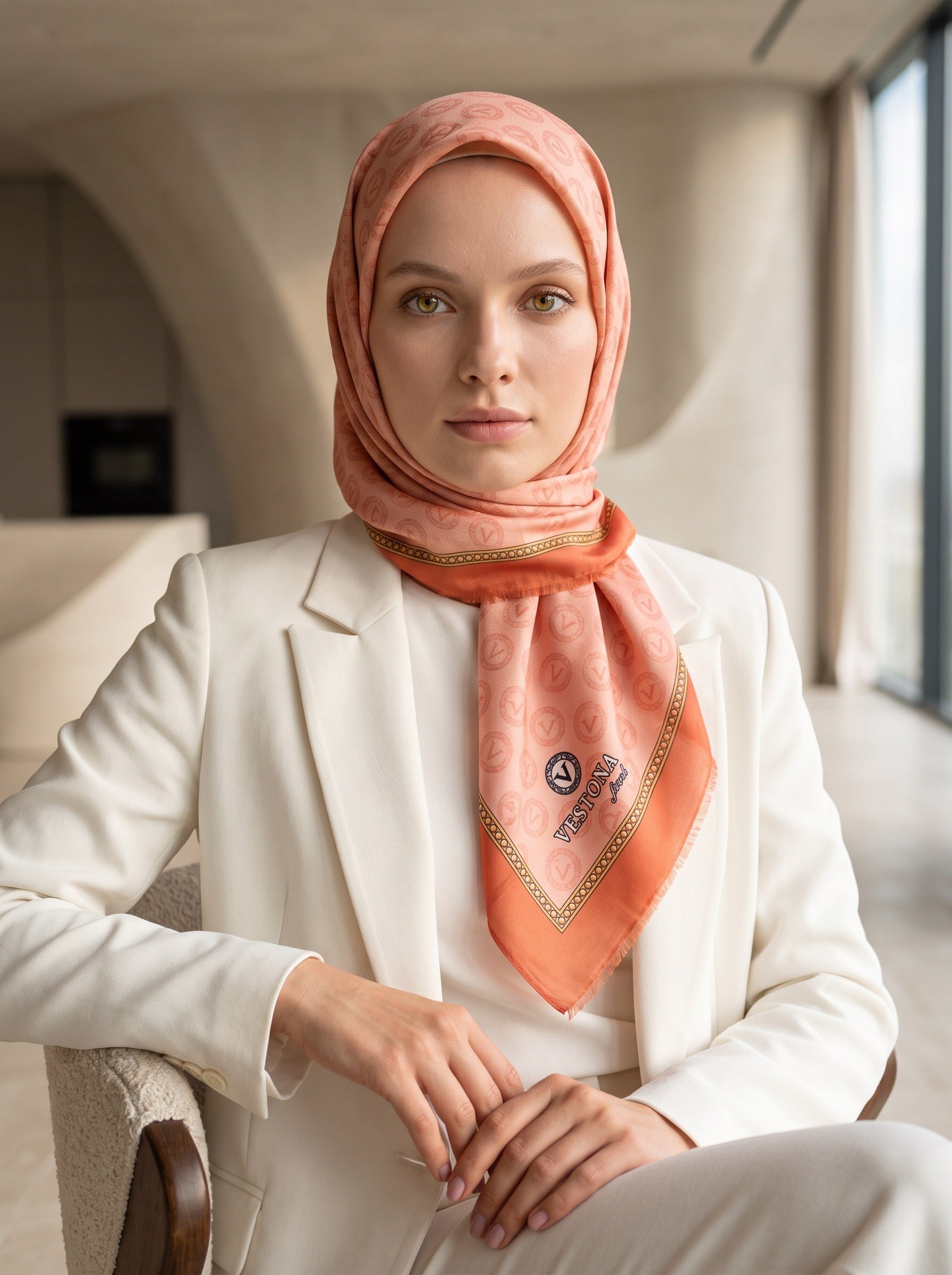 %100 Saf İpek Şal İnce Saten Vual Dokuma Degradeli Ve Monogram Desenli Taba - Gold Renkli 90x210 Şal