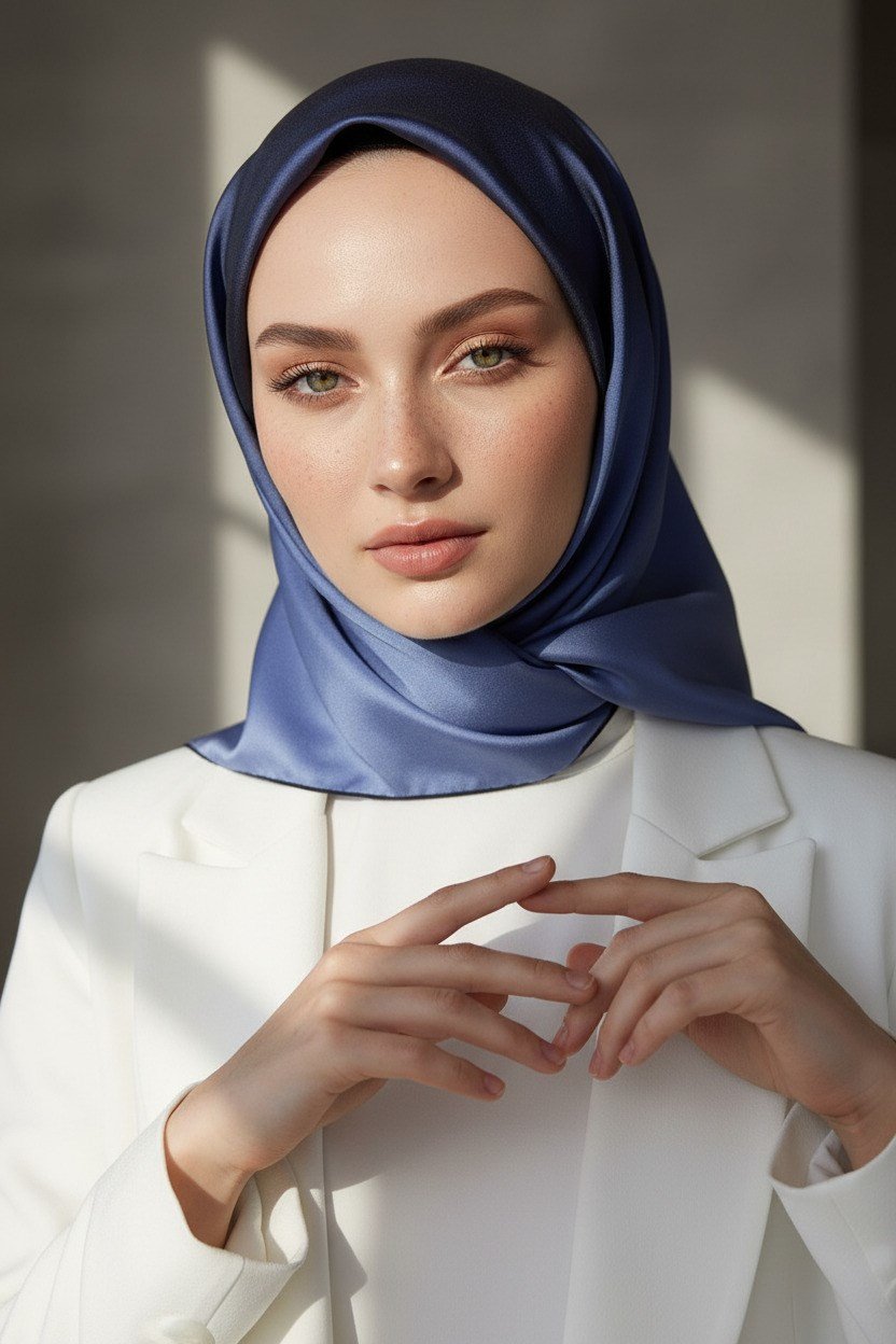 %100 Twill İpek Degrade Desenli Lacivert Renkli 90x90 Eşarp Dikim Şekli : El Dikişi