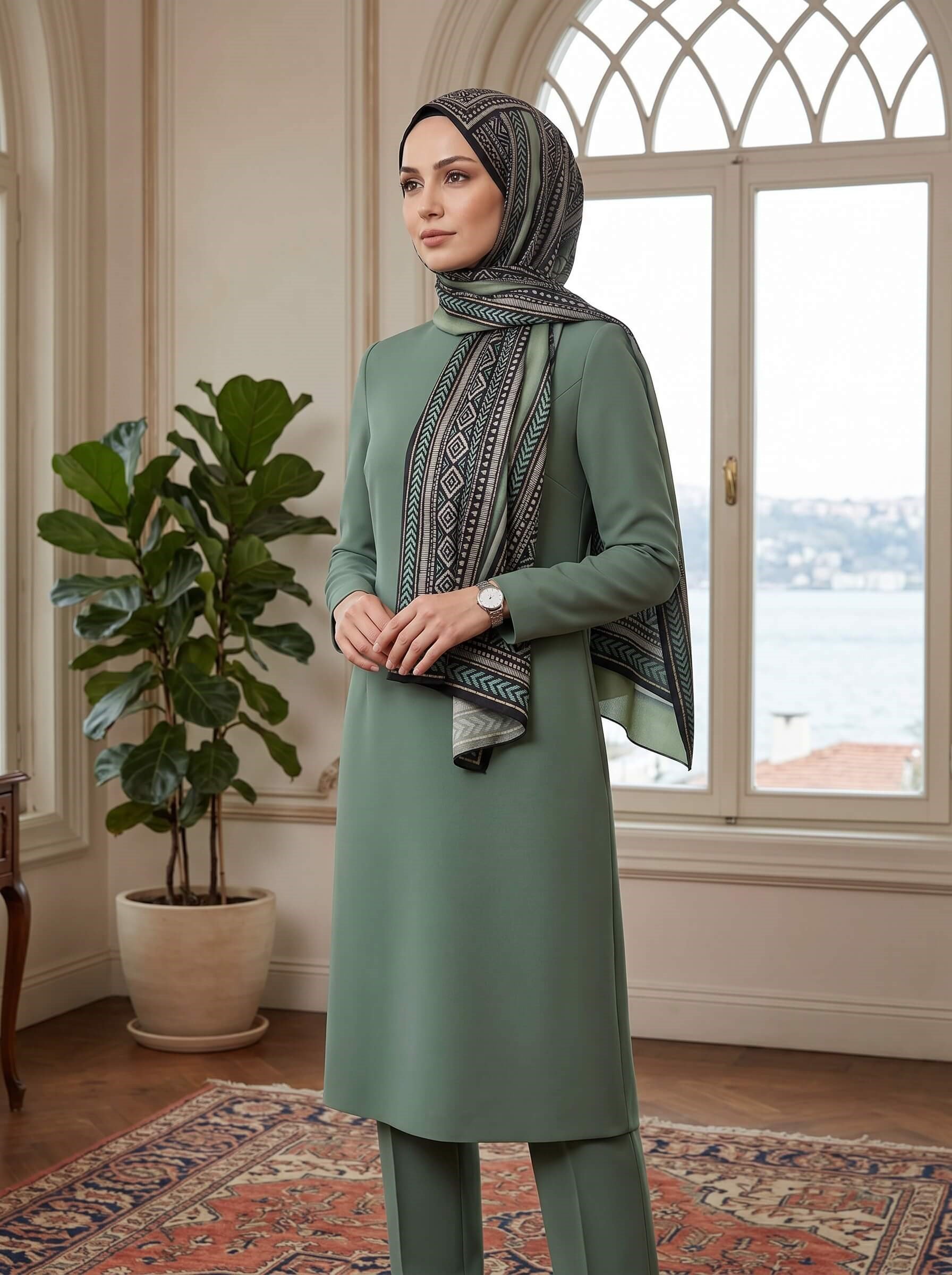%100 Saf İpek Şal İnce Saten Vual Dokuma Etnik Desenli Haki Yeşili Renkli 90x210 Şal