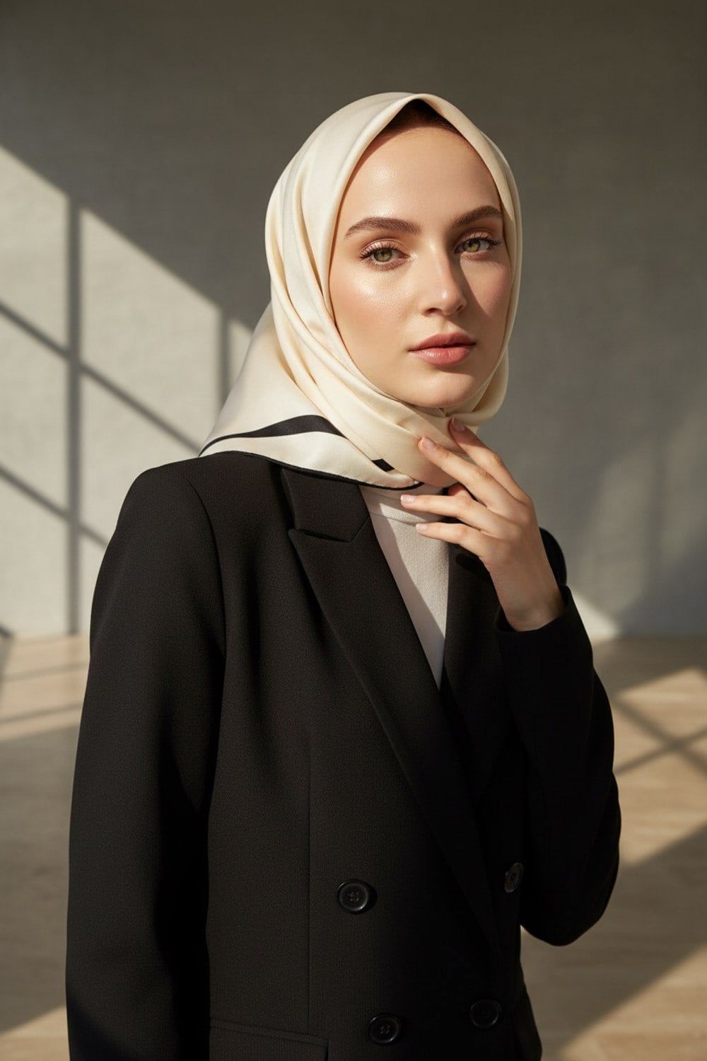 100% Twill İpek Düz Renk Bordür Desenli Krem - Siyah Renkli Daha Tok Exclusive Serisi 90x90 Dikim Şekli : El Dikişi Eşarp