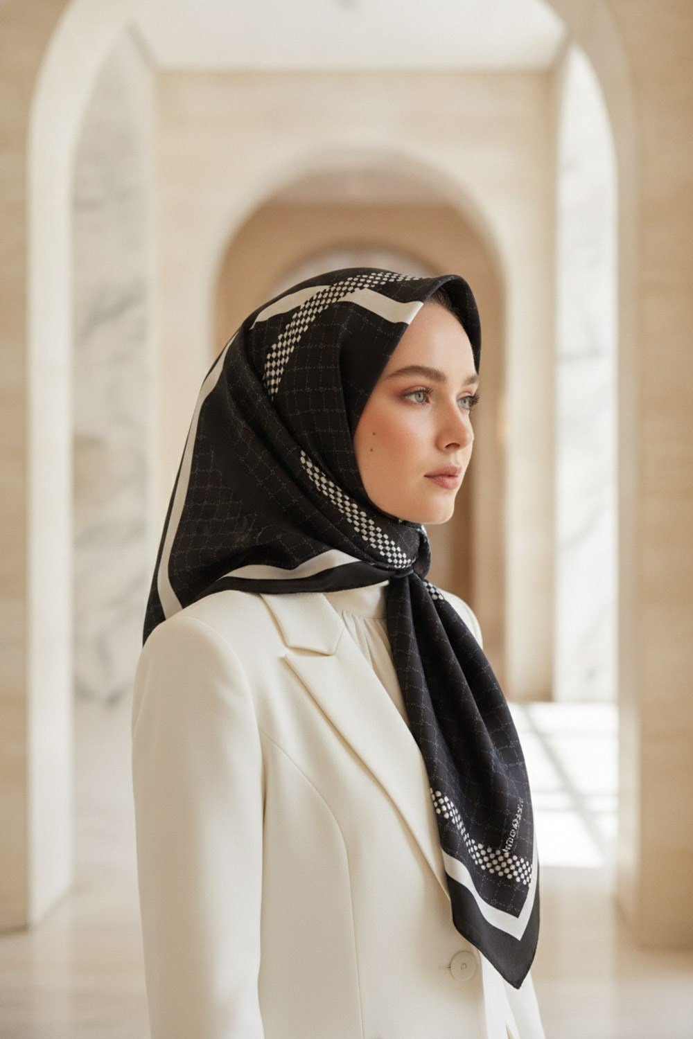 %100 Twill İpek Monogram Ve Şerit Desenli Siyah - Krem Renkli 90x90 Eşarp Dikim Şekli : El Dikişi