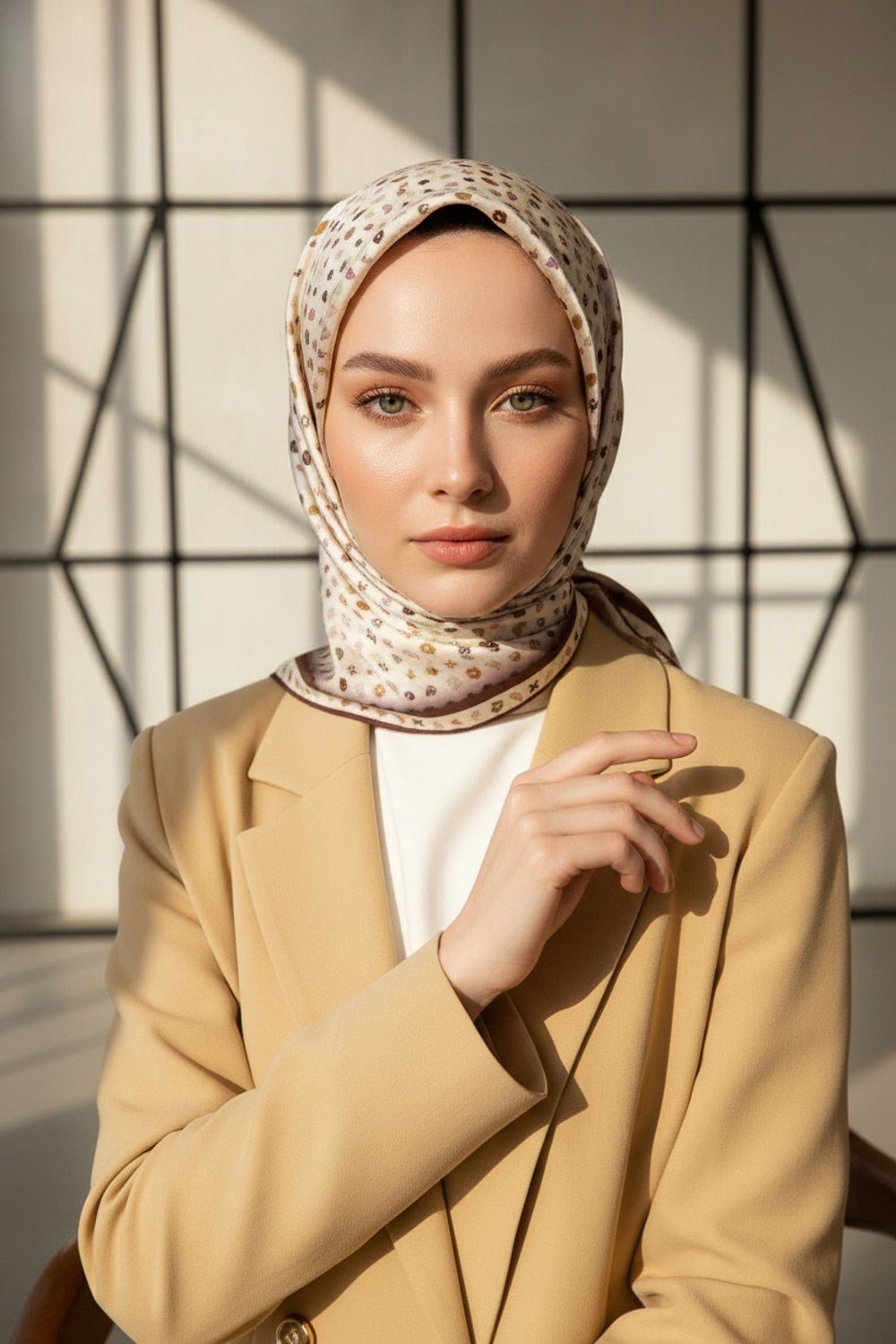 %100 Twill İpek Çıtır Desenli Krem - Kahverengi Renkli 90x90 Eşarp Dikim Şekli : El Dikişi