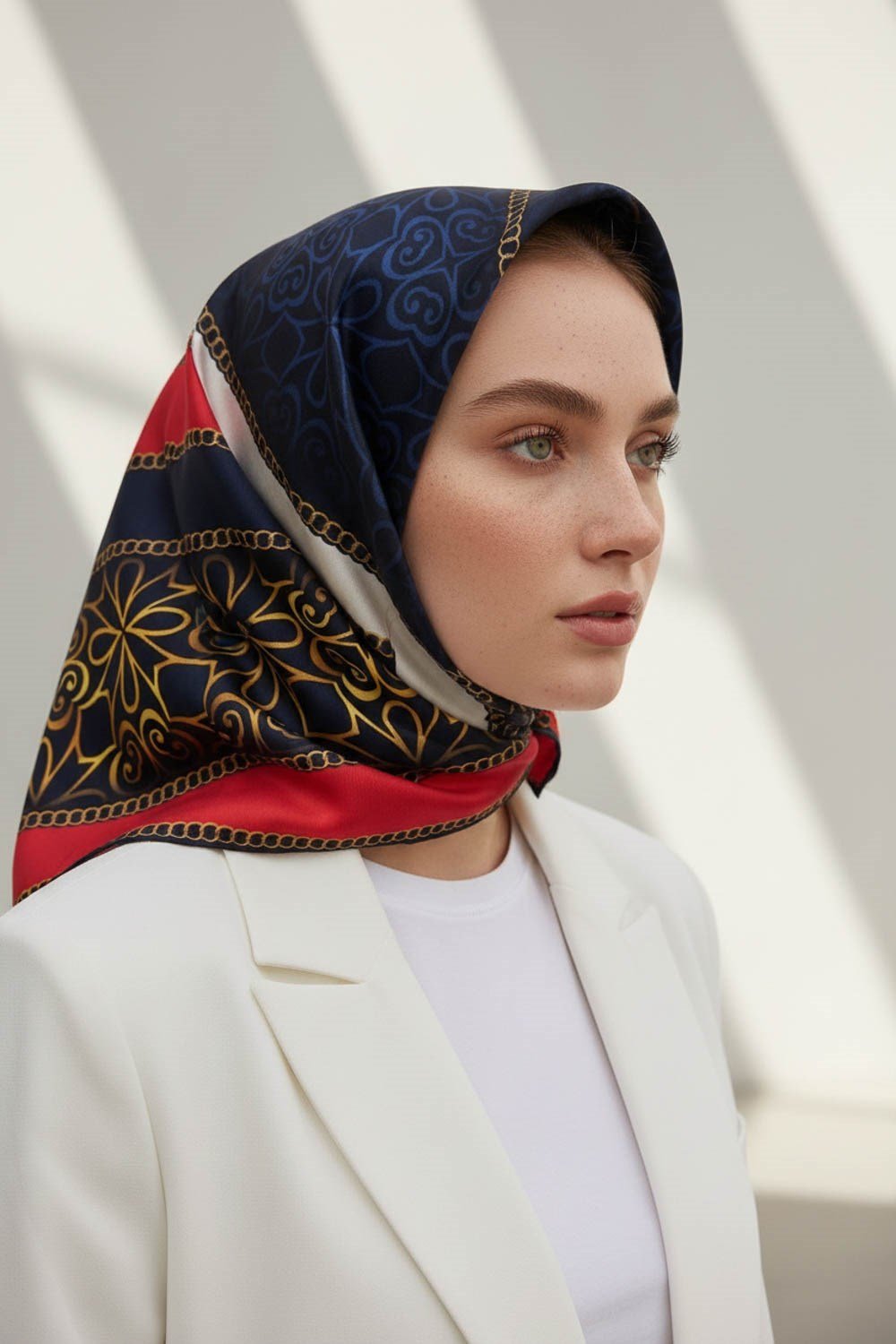 %100 Twill İpek Zincirli Ve Etnik Desenli Kırmızı - Lacivert Renkli 90x90 Eşarp Dikim Şekli : El Dikişi