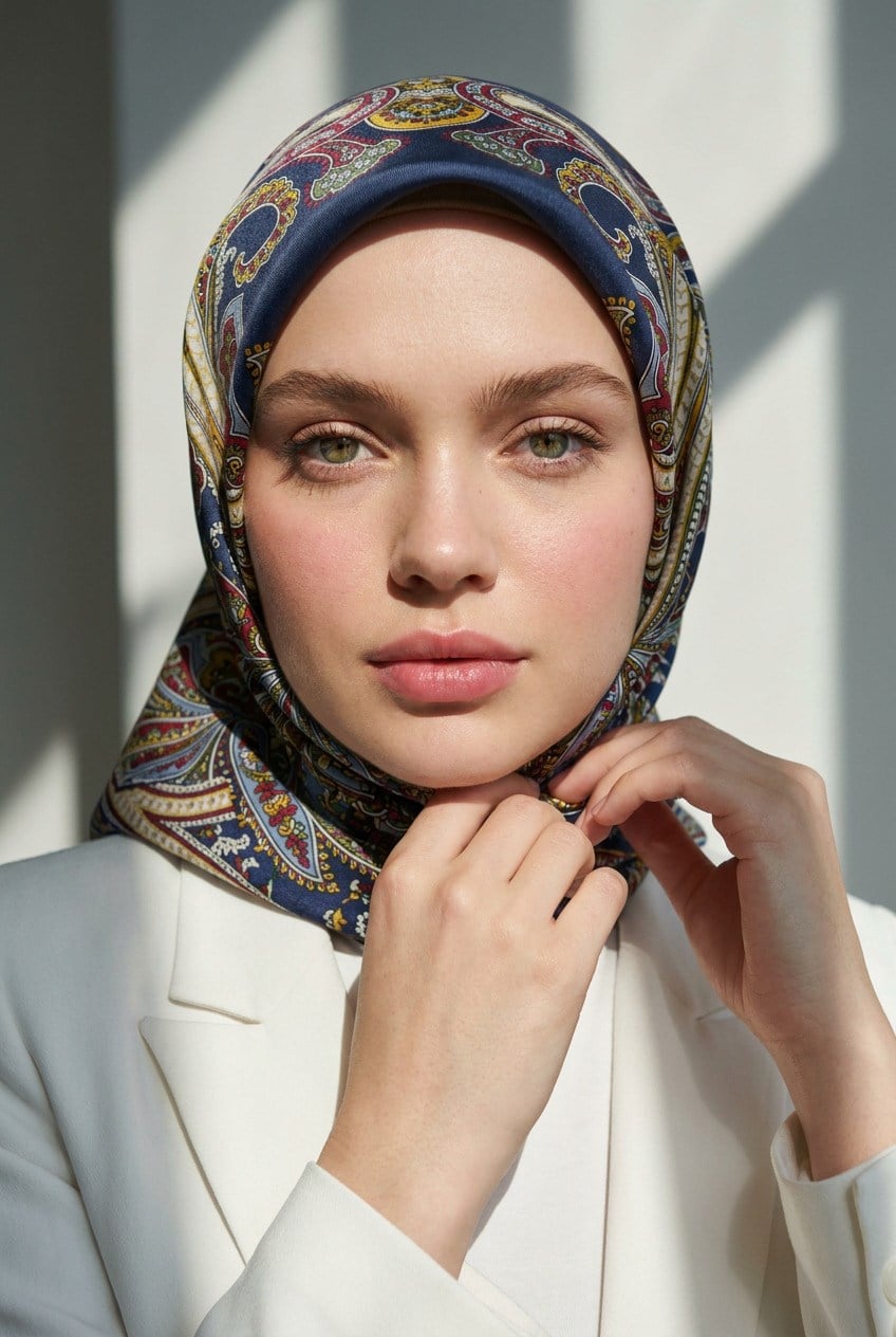%100 Twill İpek Eşarp 90x90 Lacivert Desenli El Dikişli Kadın Eşarp