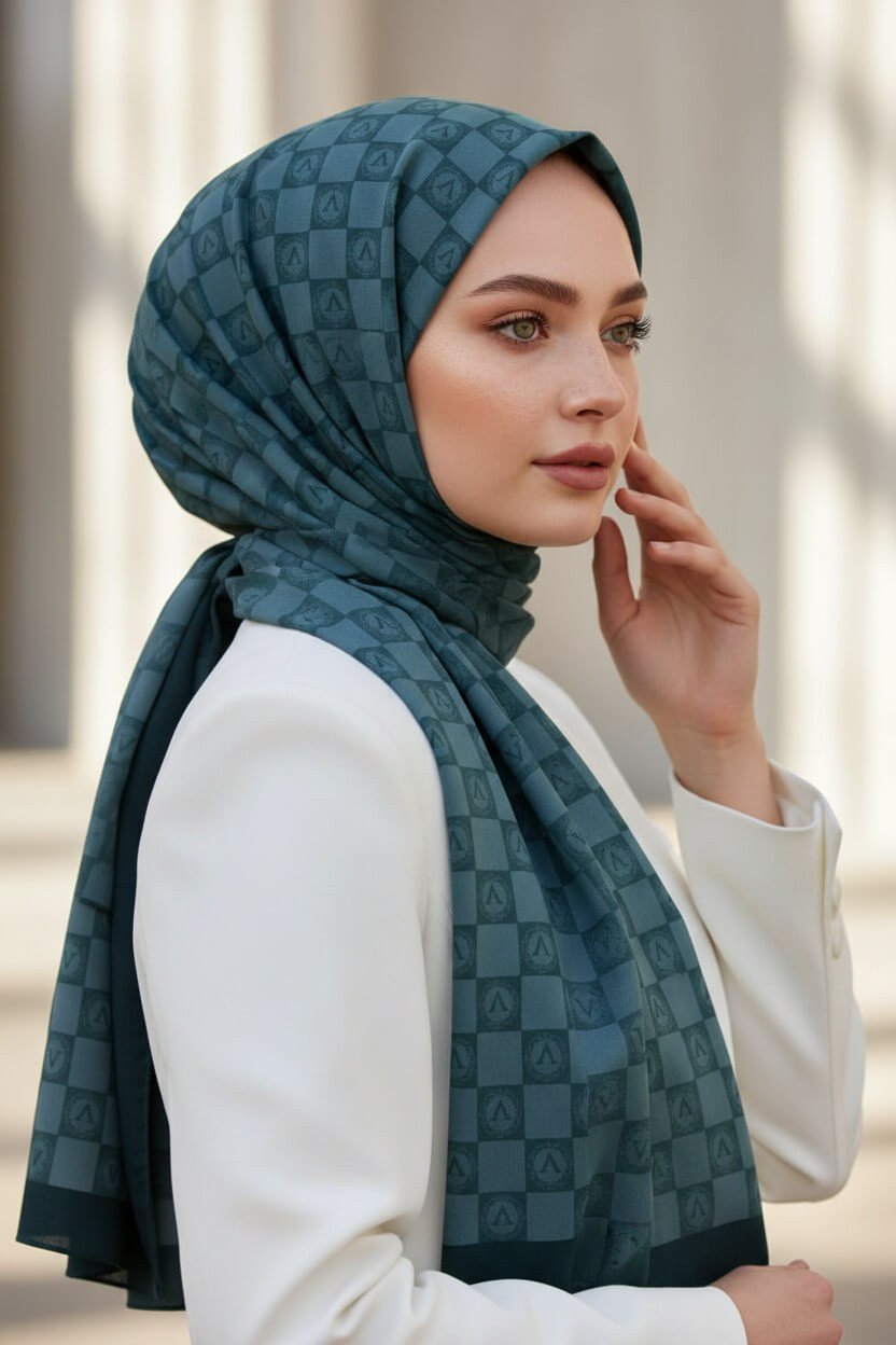 KREP MONOGRAM DESENLİ ZÜMRÜT YEŞİLİ RENKLİ 75X195 KIRIŞMAZ ŞAL