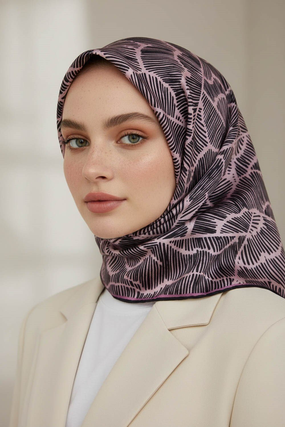 %100 Twill İpek Geometrik Desenli Pudra - Siyah Renkli 90x90 Eşarp Dikim Şekli : El Dikişi