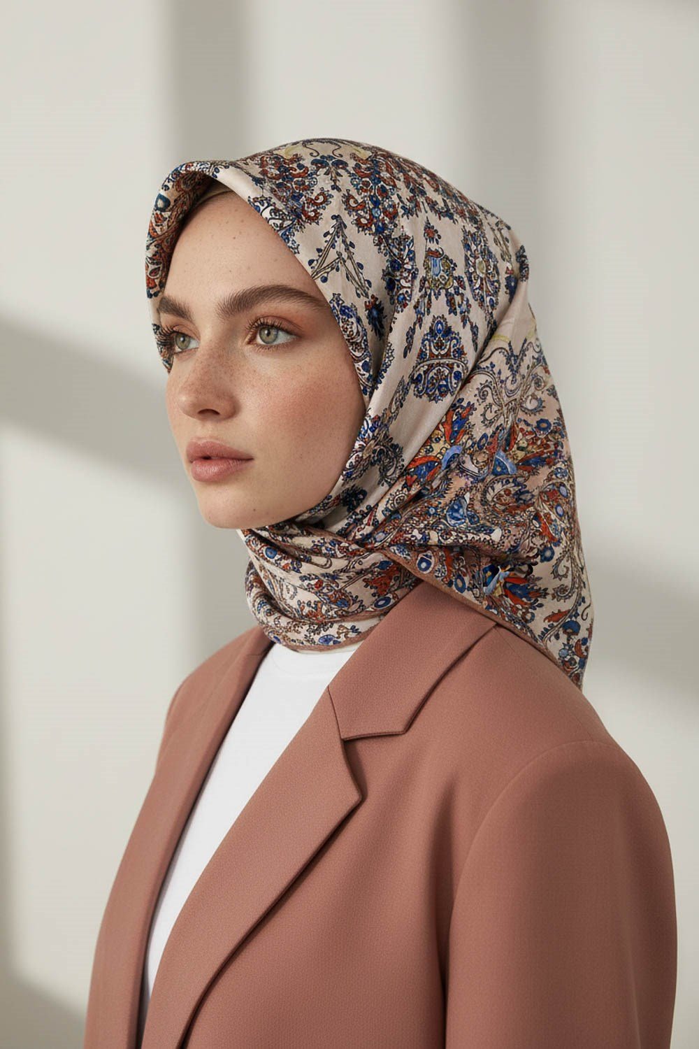 %100 Twill İpek Şal Desenli Bakır Renkli 90x90 Eşarp Dikim Şekli : El Dikişi