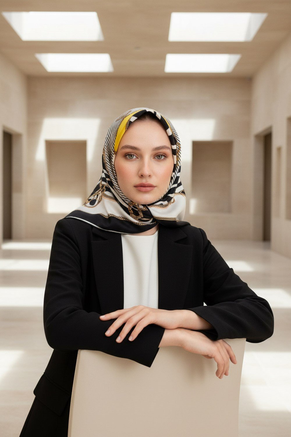 %100 Twill İpek Zincirli Ve Zebra Desenli Siyah - Limon Sarısı Renkli 90x90 Eşarp Dikim Şekli : El Dikişi
