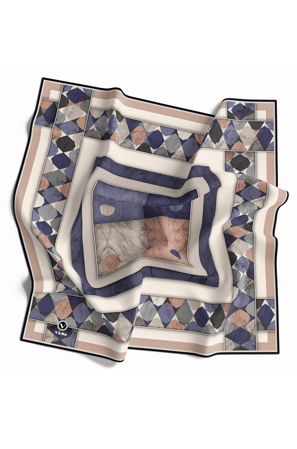 Twill Geometrik Mermer Desenli Pudra Renkli 90x90 Eşarp (İpek İçermez) Kenar Dikiş Şekli El Dikişli