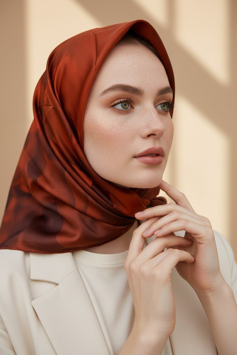 Rayon Büyük Çiçek Desenli Taba Renkli 90x90 Eşarp (İpek İçermez) Kenar Dikiş Şekli El Dikişli